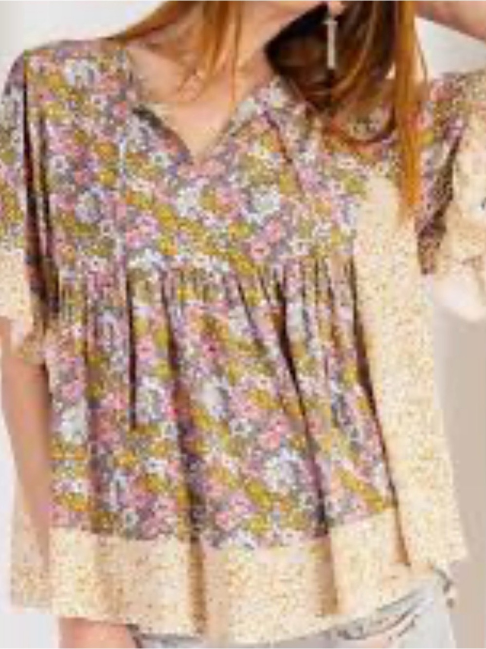 Easel Boho Floral Patchwork Peasant Tunic - Pink & Olive